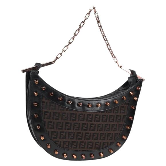 FENDI Zucchino Canvas Chain Shoulder Bag Black Brown - Picture 1 of 13